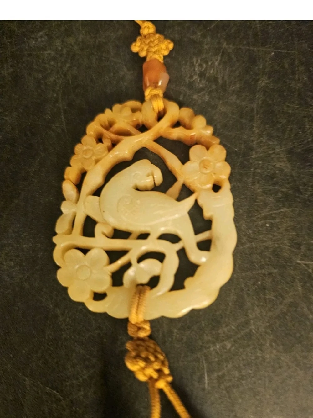 Carved Jade Pendant Necklace with Gold Tassel - Yellow-Russet